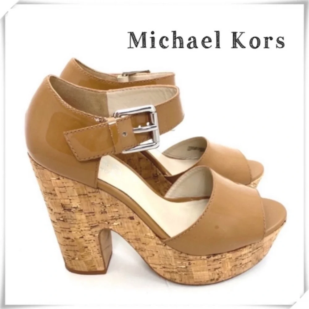 KORS Michael Kors Korey Patent Leather Cork Wedge Strap Sandal Camel Tan Size 9